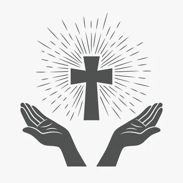 Black and White Open Hands Silhouette with Cross and Rays, Vector Illustrat.. Illustrazione stock