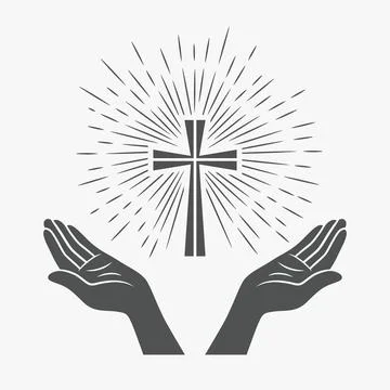 Black and White Open Hands Silhouette with Cross and Rays, Vector Illustrat.. Stock Illustration