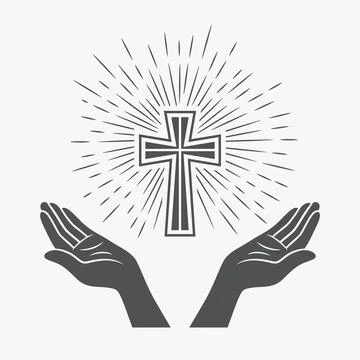 Black and White Open Hands Silhouette with Cross and Rays, Vector Illustrat.. Illustrazione stock