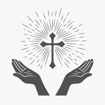 Black and White Open Hands Silhouette with Cross and Rays, Vector Illustrat.. Stock Illustration