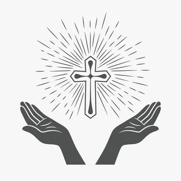 Black and White Open Hands Silhouette with Cross and Rays, Vector Illustrat.. Stock Illustration