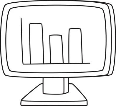 Black and White Outline of Computer Monitor Displaying a Bar Graph for Data Illustrazione stock