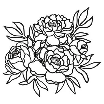 Black and white outline vector drawing of a bouquet of peonies Stock Illustration