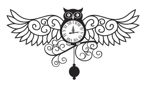 Black and white owl with clock on branch swirls Stock Illustration