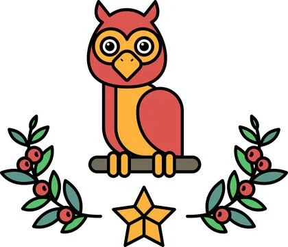 A black and white owl sitting on a branch with a star and leaves Stock Illustration