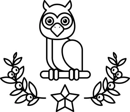 A black and white owl sitting on a branch with a star and leaves Stock Illustration