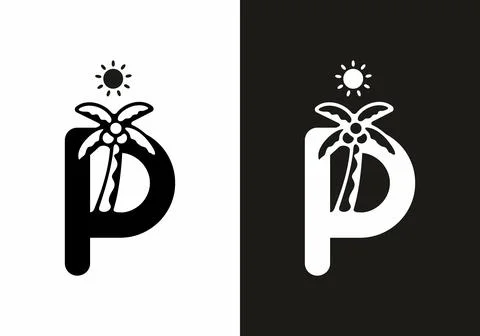 Black and white of P initial letter with coconut tree Illustrazione stock