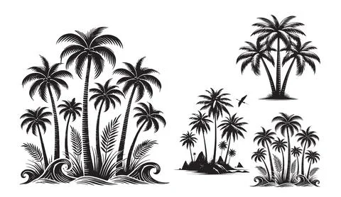 Black and white palm tree silhouettes with waves and island elements set vector Stock Illustration