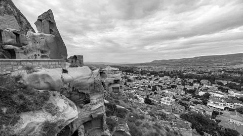 Black And White Panoramic View Of Urgup City Cappadocia Turkey Stock Photos