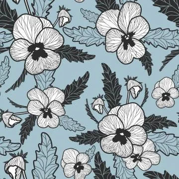 Black and white pansy pattern on light blue background. Flower vector seamless Stock Illustration