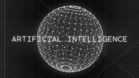 Black and white particles animate together to create an AI sphere and Video stock 253469889