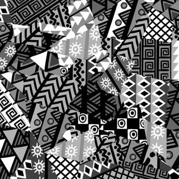 Black and white patchwork background with african motifs Stock Illustration