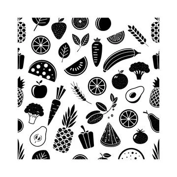 Black and white pattern of assorted fruits and vegetables food Illustrazione stock