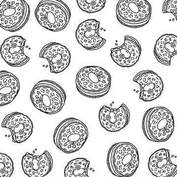A black and white pattern with  biscuits with white cream line art. Cookies patt 库存插图