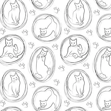 Black and white pattern with cats and paws Illustrazione stock