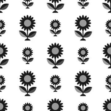 Black and white pattern with cheerful sunflowers and leaves. Beautiful floral Stock Illustration