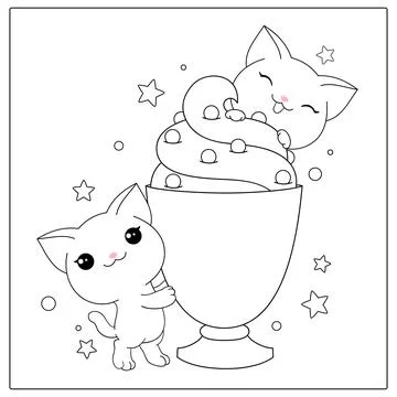 Black and white pattern for coloring. Kawaii coloring page with cute kittens Stock Illustration