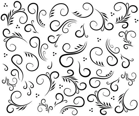 Black and white pattern of curls, spirals and leaves Stock Illustration