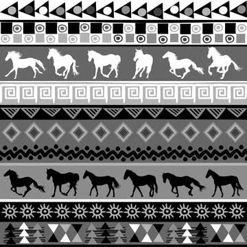 Black and white pattern with ethnic motifs and silhouettes of horses Stock Illustration