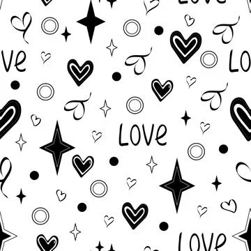 Black and white pattern with hearts, background with stars Stock Illustration