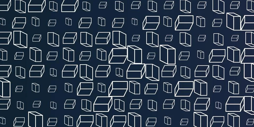 A black and white pattern of layers of repeating 3D cubes placed on a dark .. Stock Illustration