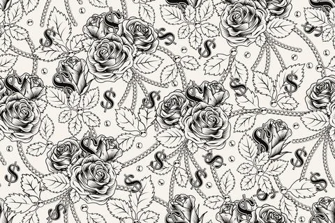 Black and white pattern with roses, dollar sign Stock Illustration