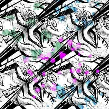 Black and white pattern with watercolor blots multicolored Stock Illustration