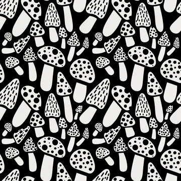 Black and white pattern with wild mushrooms and toadstool Stock Illustration