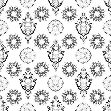 A black and white patterned wallpaper with skulls and flowers. The wallpape.. Stock Illustration