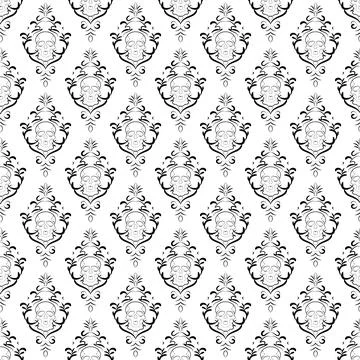 A black and white patterned wallpaper with skulls and flowers Stock Illustration