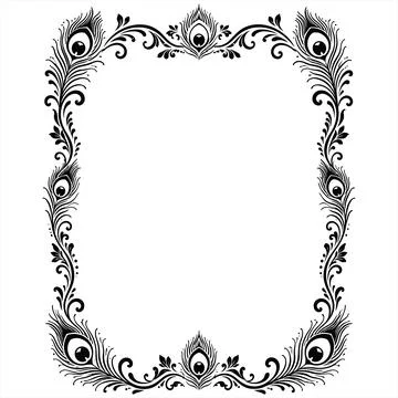 Black and white peacock feather floral frame illustration graphic design el.. Stock Illustration