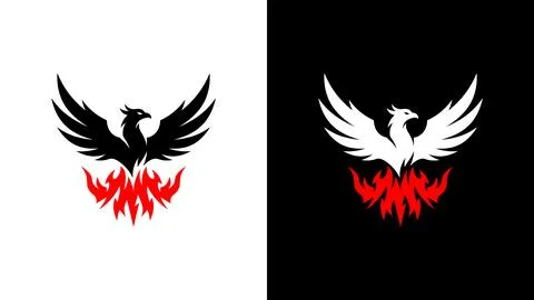 Black and white phoenix bird rising from stylized red flames, iconic symbol Stock Illustration