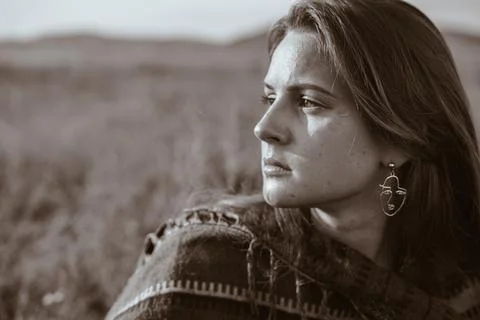 Black and white photo close-up. The girl with a clear beautiful profile of the Stock Photos