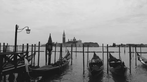 Black and white photo of Laguna of Venice with gondolas Stock Photos