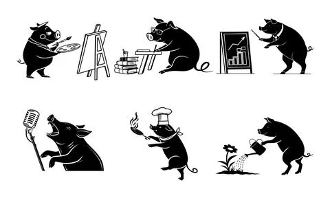 Black and white of pigs in various occupations artist painter Illustrazione stock