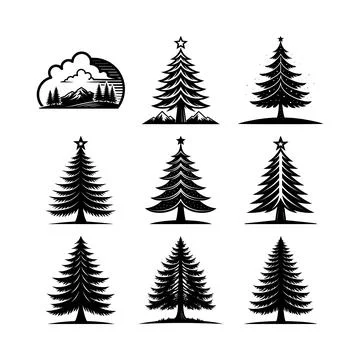 Black and white of pine trees with stars and mountains under stylized cloud.. Stock Illustration