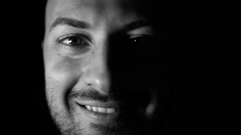 Black and white Portrait, closeup caucasian boy with eyes smiling looking Video stock 145449239
