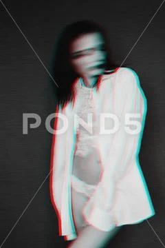 Black and white portrait of a girl in underwear and shirt with glitch effect Stock Photos