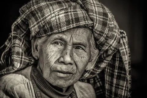 Black and white portrait of an old indigenous woman in Myanmar Stock Photos