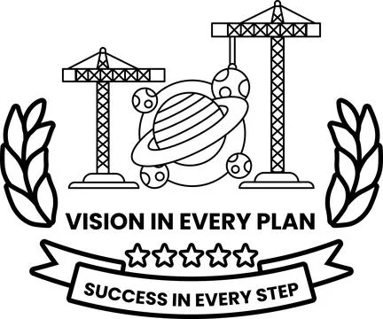 A black and white poster with a construction crane and a planet in the middle Stock Illustration