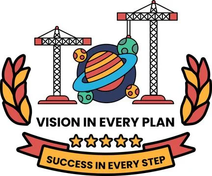 A black and white poster with a construction crane and a planet in the middle Stock Illustration