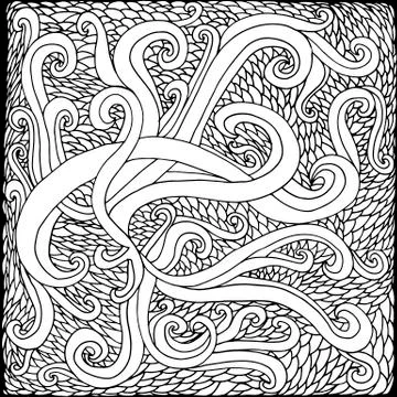 Black and white psychedelic background, waves and scales intertw Stock Illustration