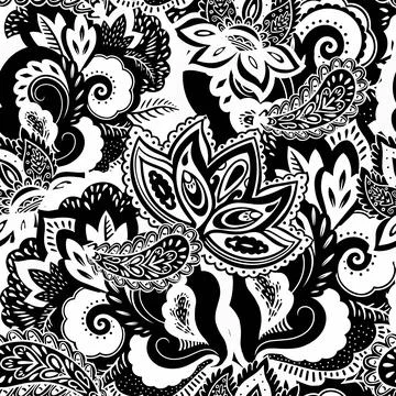 Black and white psychedelic texture with abstract floral and plants elements Stock Illustration