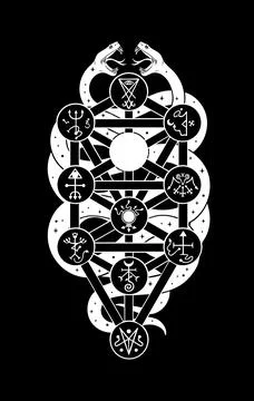 Black and white Qliphoth diagram with serpent and occult symbols Stock Illustration