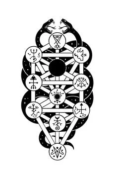 Black and white Qliphoth diagram with serpent and occult symbols Stock Illustration