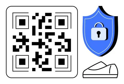 Black and white QR code, blue security shield with lock, simple shoe design.  Illustrazione stock