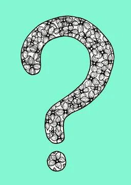 Black and white question mark filled flowers on a turquoise background drawing Stock Illustration