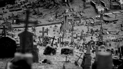 Black and White Rack Focus through Cemetery Stock Footage 94253916
