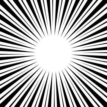 Black and white radial rays burst with central glowing white circle Stock Illustration