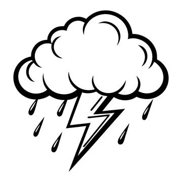 Black and white of a rain cloud with lightning and raindrops storm Stock Illustration